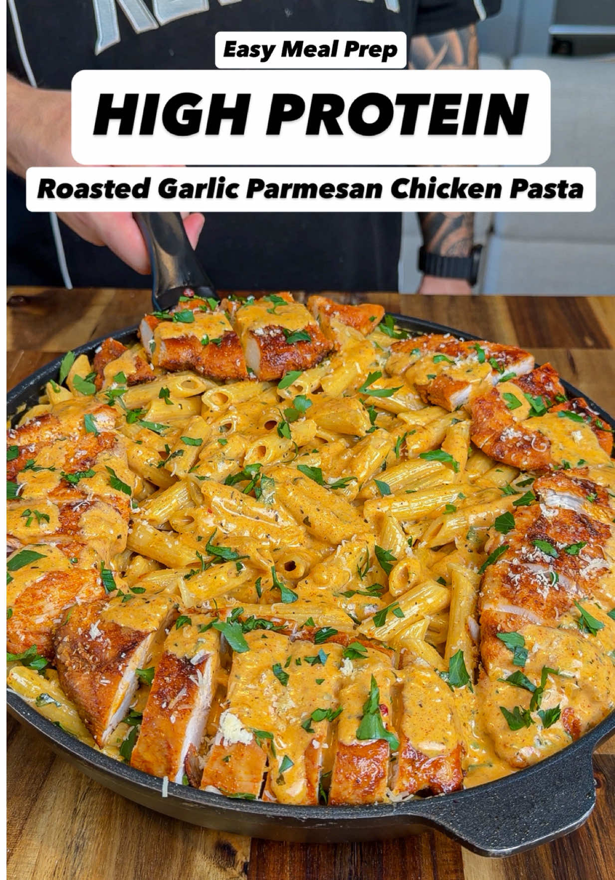 High Protein Roasted Garlic Parmesan Chicken Pasta