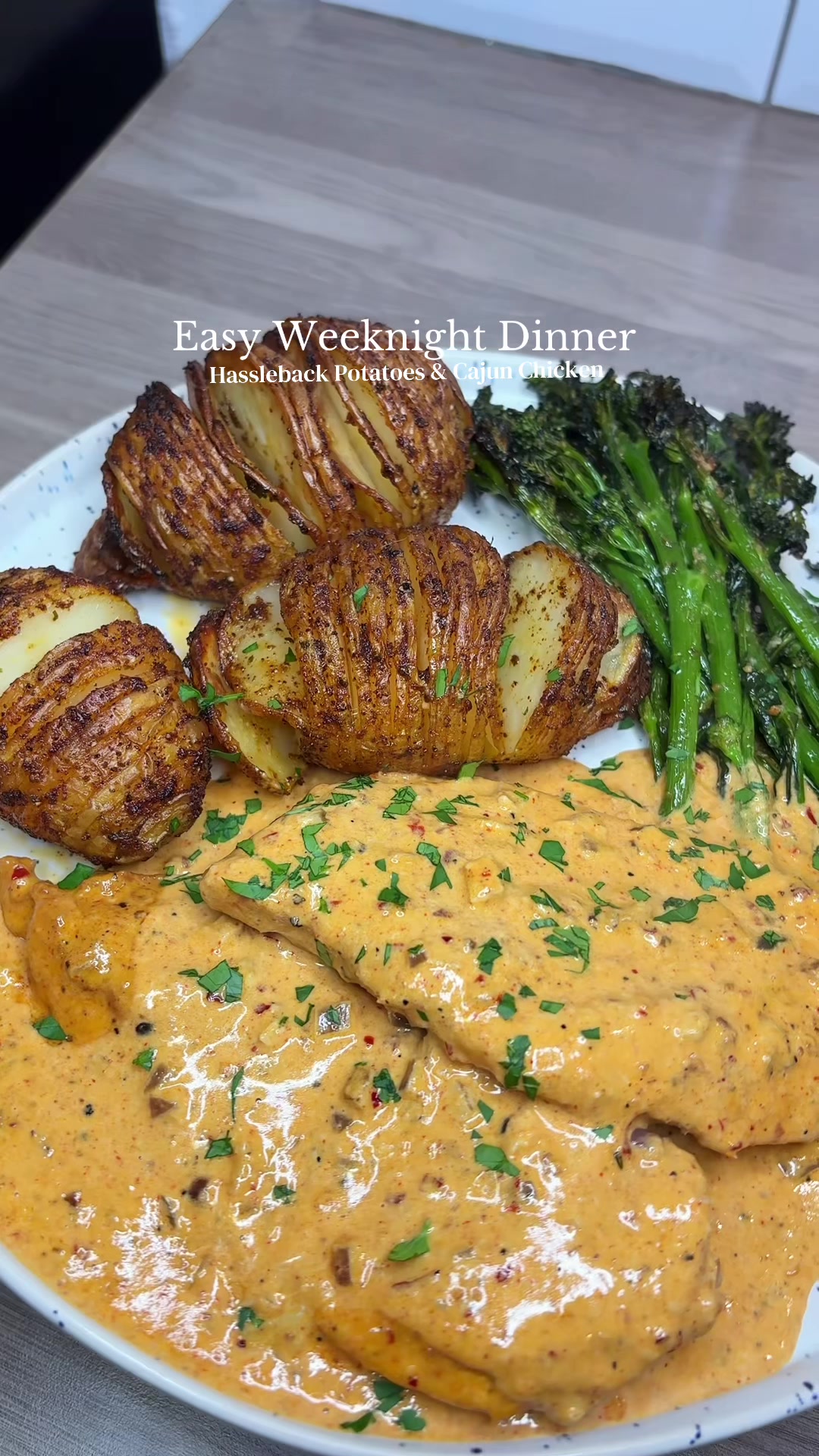 Hassle Back Potatoes with Creamy Cajun Chicken and Airfried Broccolini